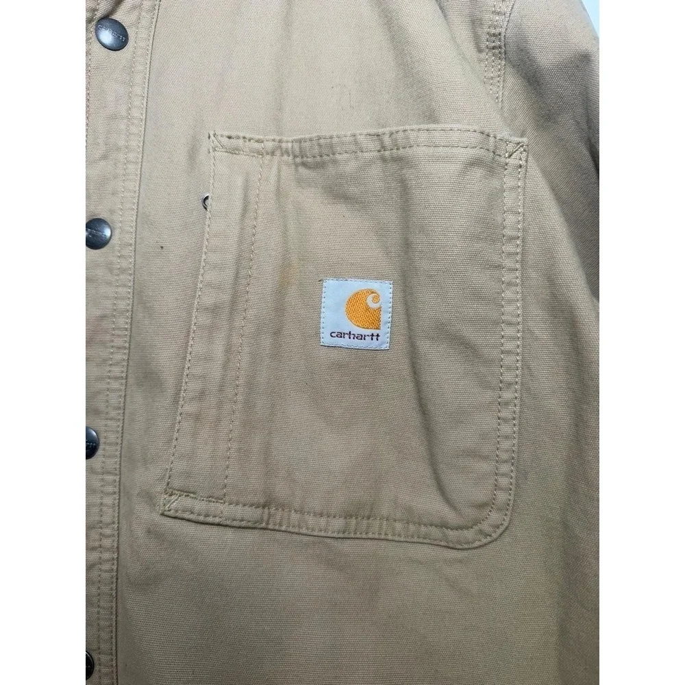 Carhartt Work Jacket Mens Size L Tan Chore Coat Button Front Rugged